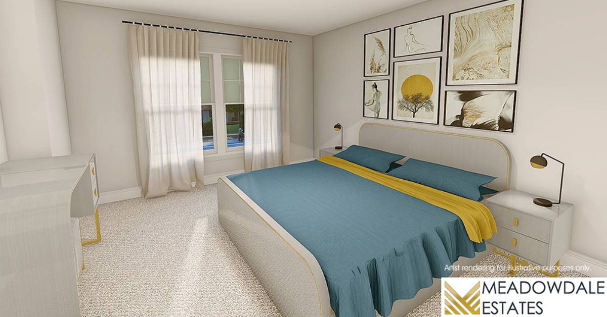 bedroom with a bed with blue and yellow colors