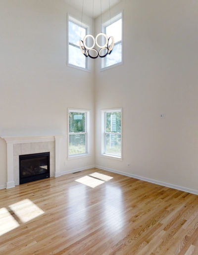 empty great room with fireplace and circle lights
