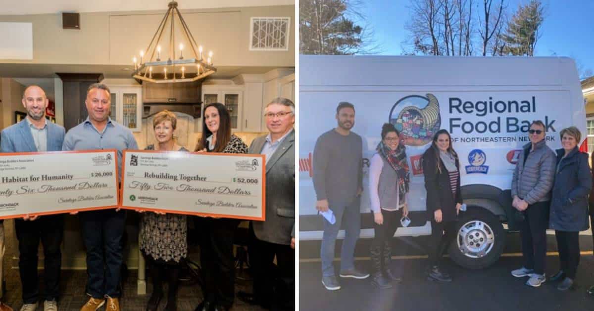 split image with people holding giant check on left and people in front of food back truck on right