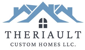 Blue roofs with gray window and words Theriault custom homes.