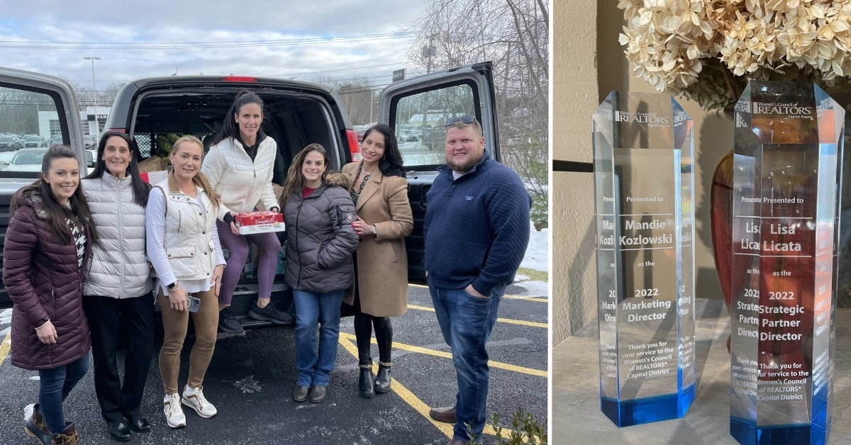 split image with group in front of food truck van on the left and two awards on the right