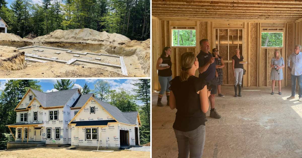 collage with construction site, partially build house, and people inside a partially constructed house