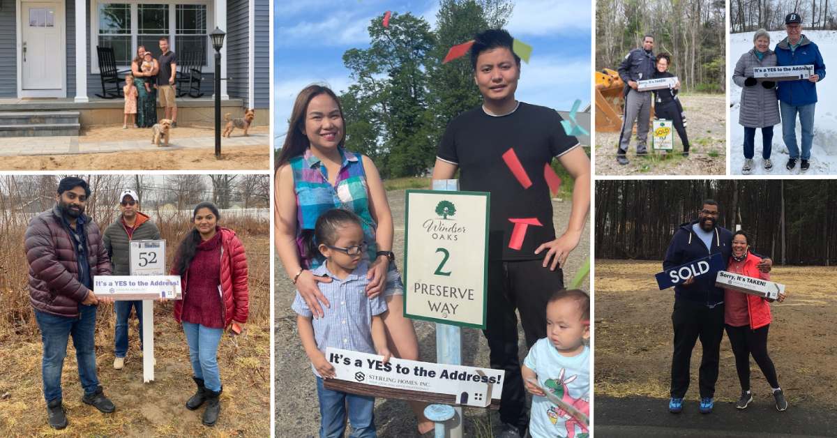 collage of people standing by signs saying that the property or home has been bought