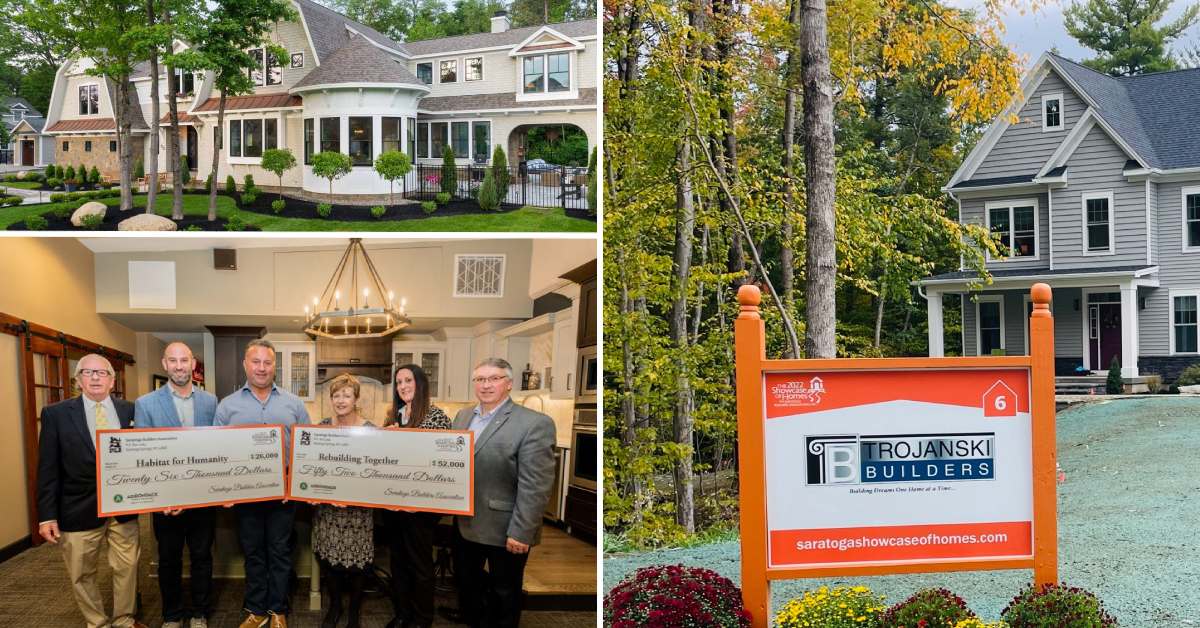 collage with beautiful home, people holding up a giant check, and a builder sign