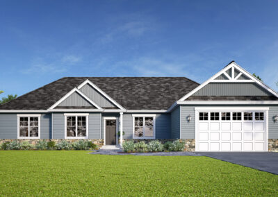 Ranch house with gray siding and white trim