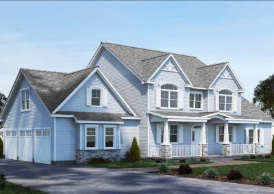 Light gray 2-story house with white trim and gray roof and landscaping around it