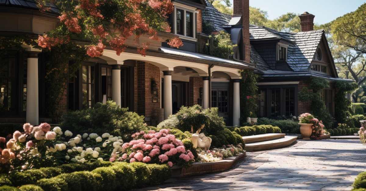 large luxury home with flowers in front