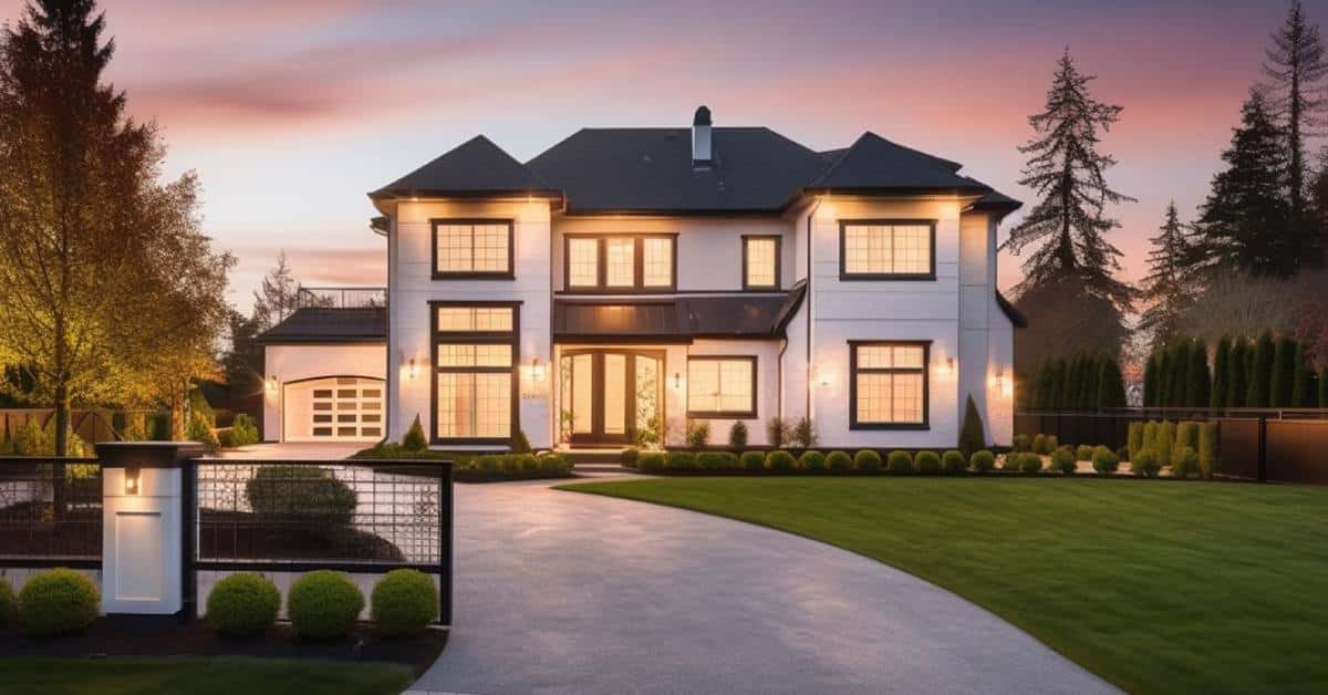 a large white luxury home with the lights on in the evening