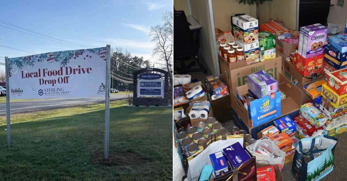 left image of holiday food drive sign; right image of food drive items
