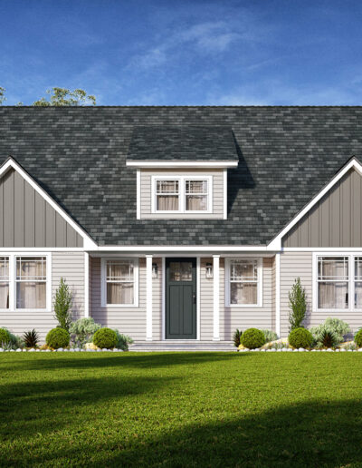 Cape home with dormer and 2 posts and tan siding